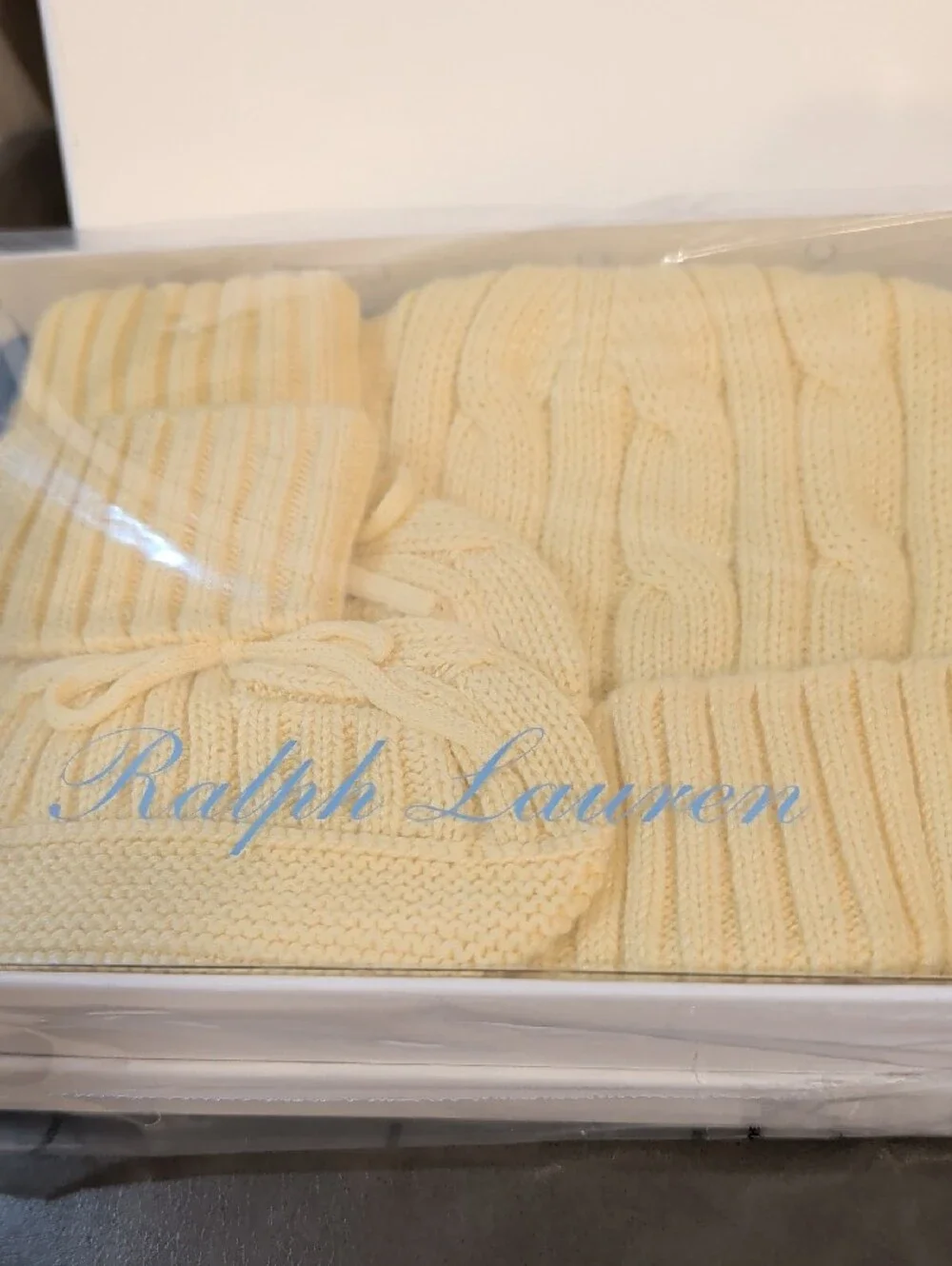Ralph Lauren 5 pc Cable Sweater Set; Booties & Beanie, My First Steiff Teddy NWT